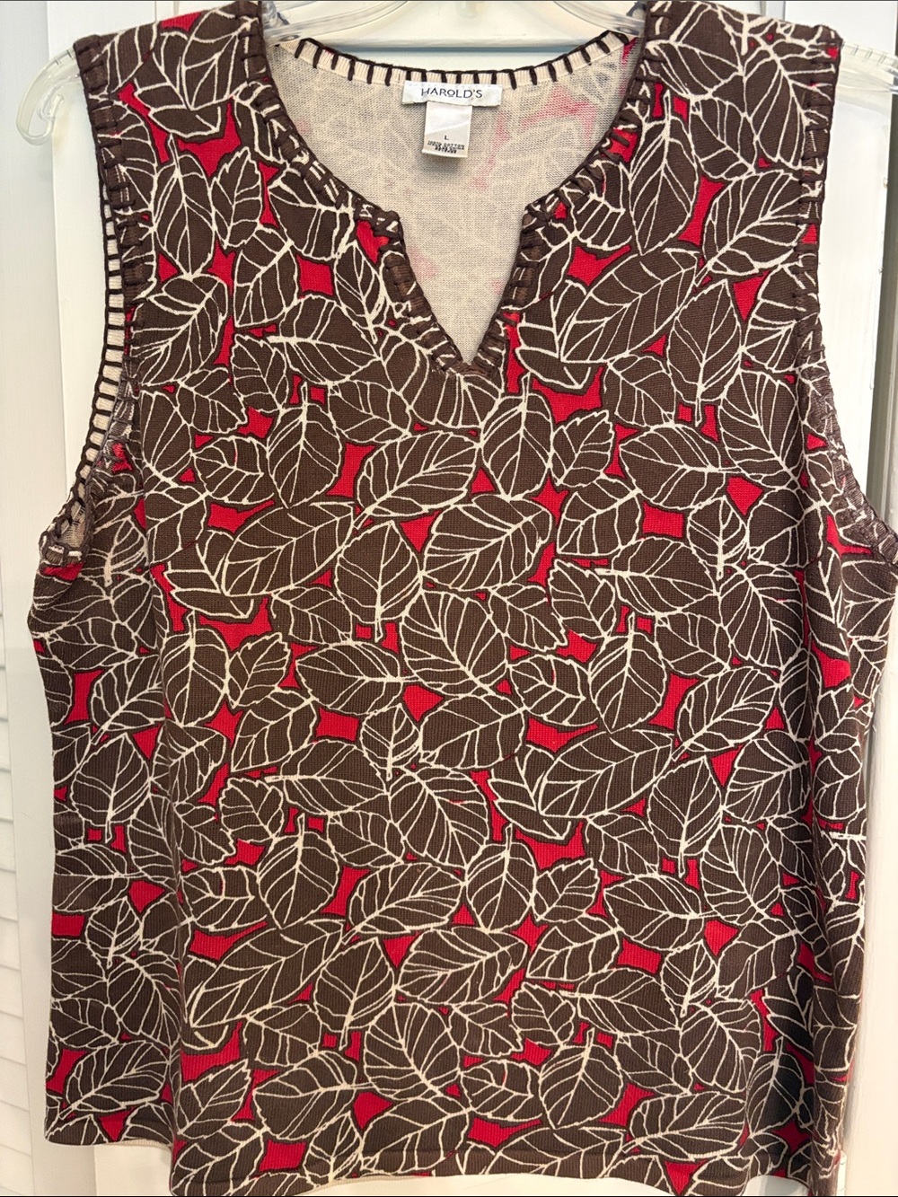 Harold's Brown Leaf-Print Sleeveless Tank with Red Accents